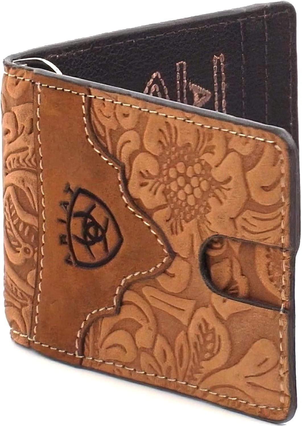 imageARIAT Mens Genuine Leather Floral Embossed Bifold Money Clip Wallet