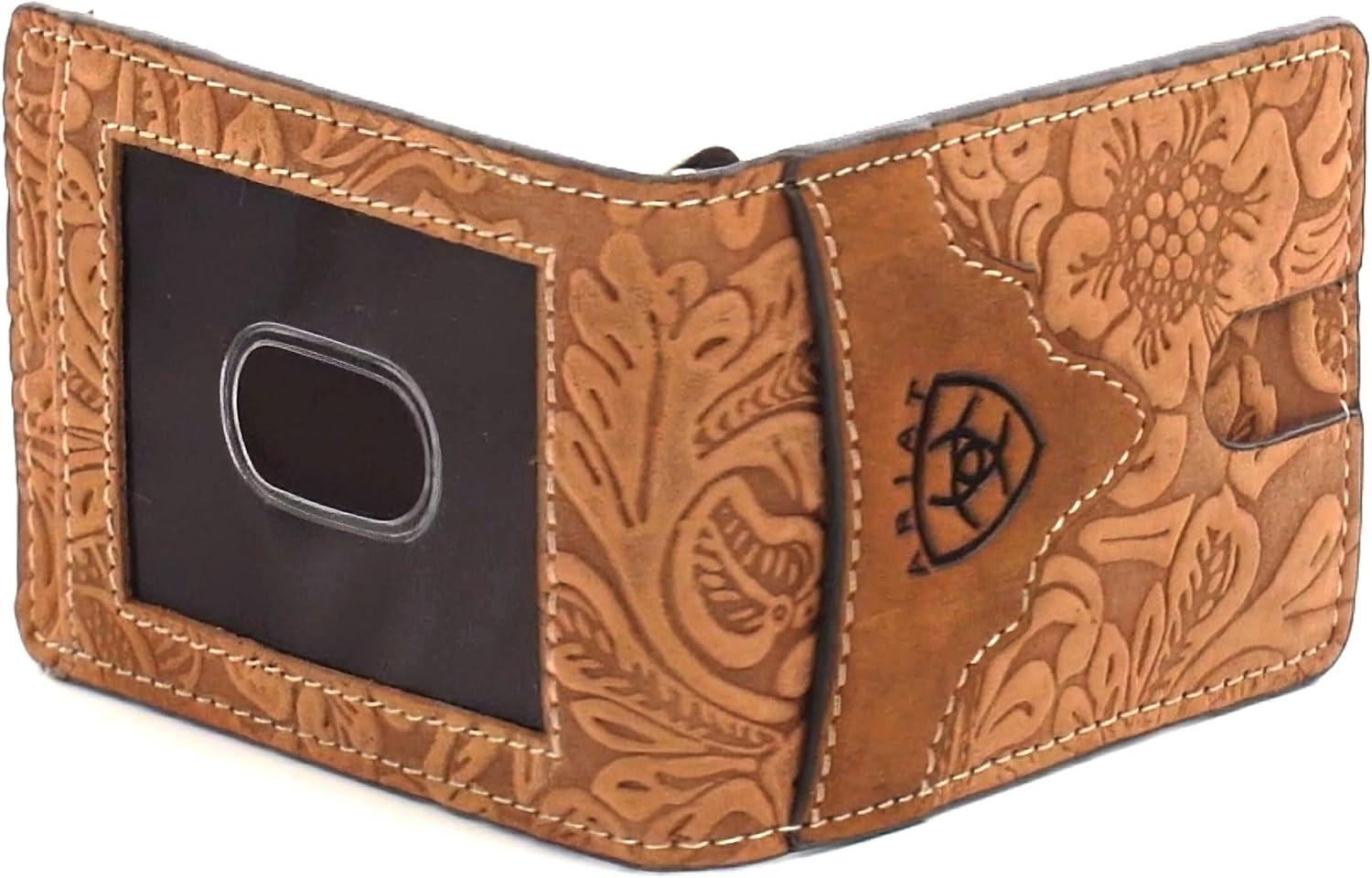 imageARIAT Mens Genuine Leather Floral Embossed Bifold Money Clip Wallet