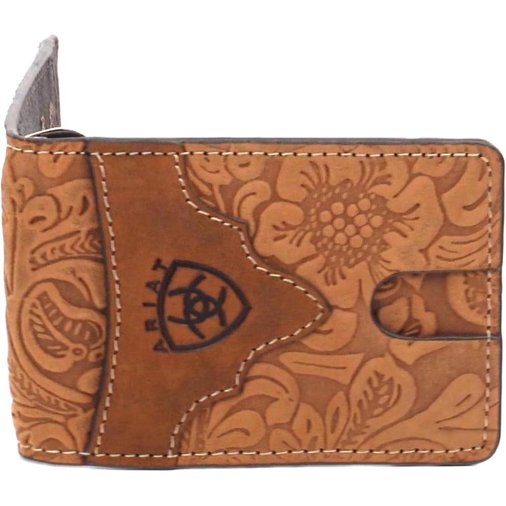 imageARIAT Mens Genuine Leather Floral Embossed Bifold Money Clip Wallet