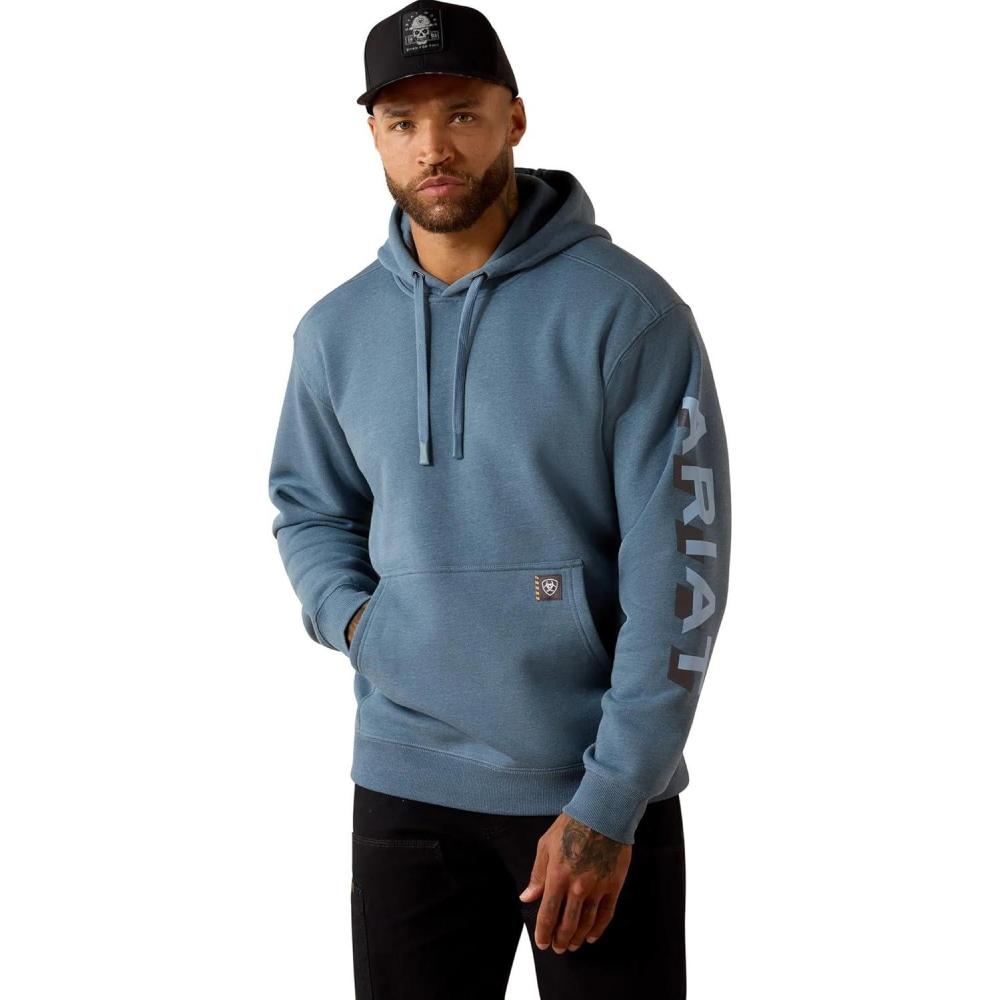 imageARIAT mens Rebar Lightweight Logo HoodieLightweight LogoChina Blue HeatherDusty Blue