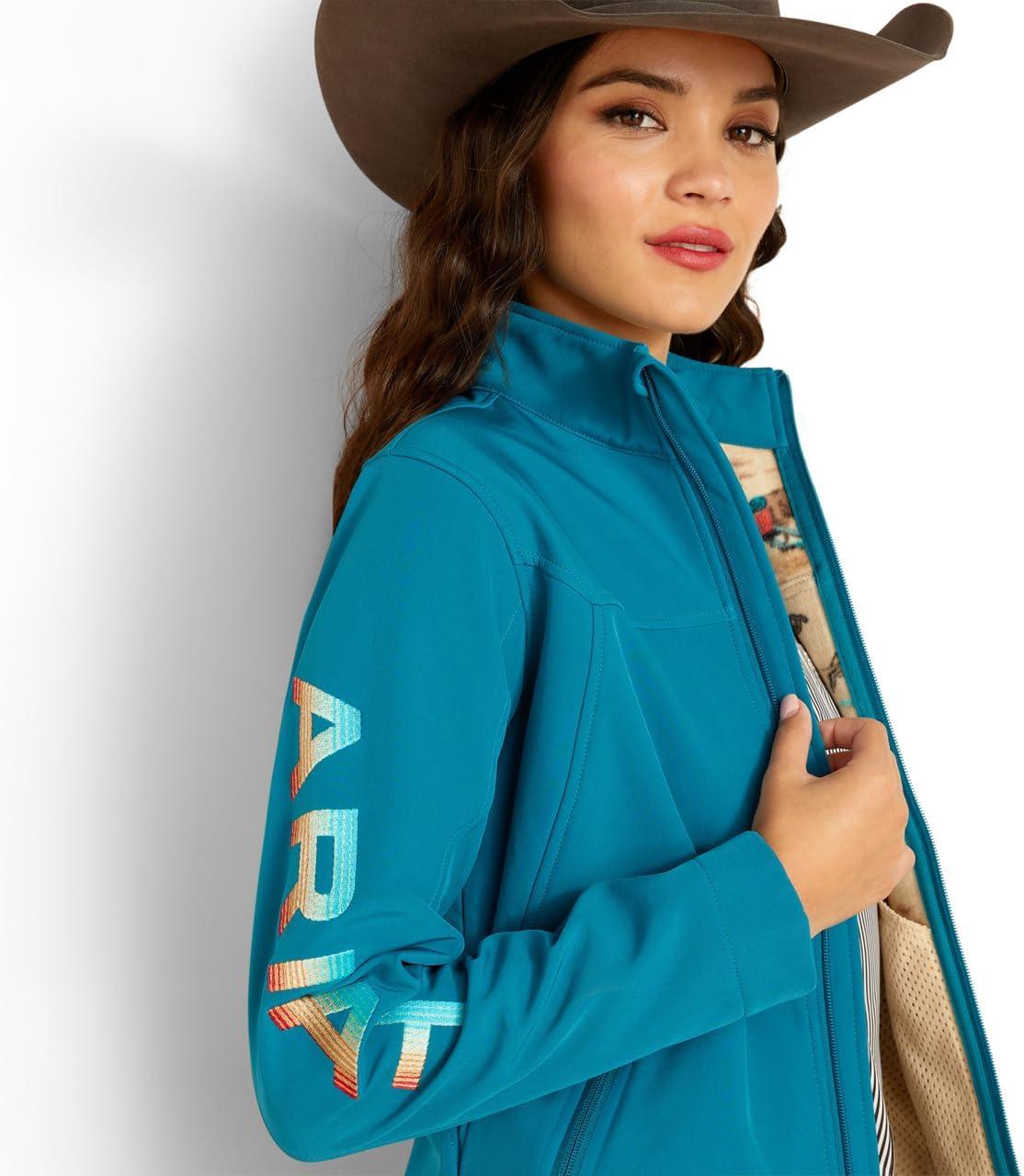 imageAriat Womens New Team Softshell Jacket Wind and Water Resistant JacketOcean DepthsRetro Ranch Print
