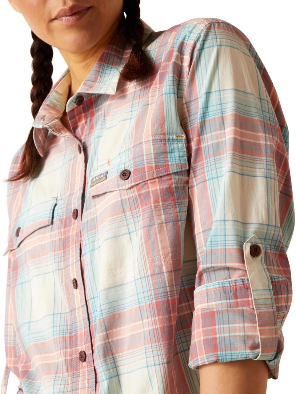 imageAriat Womens Rebar Made Tough Venttek Durastretch Work ShirtVanilla Ice Plaid