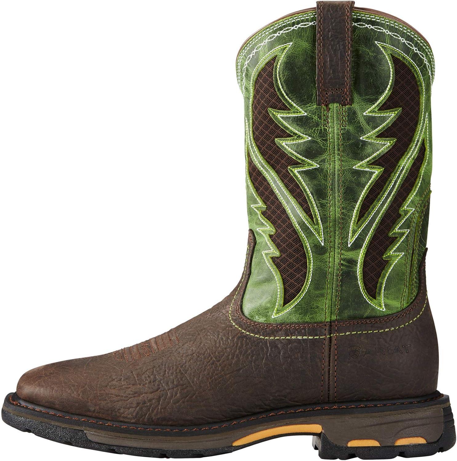 imageAriat Mens Workhog Wide Square Toe Work BootBruin BrownGrass Green