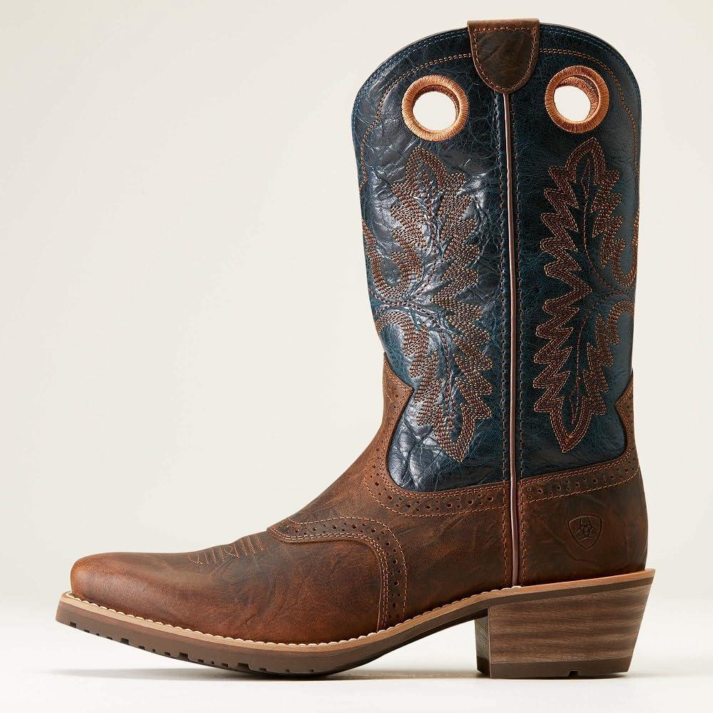 imageAriat Mens Hybrid Roughstock Square Toe Western BootFiery Brown CrunchWestern Blue