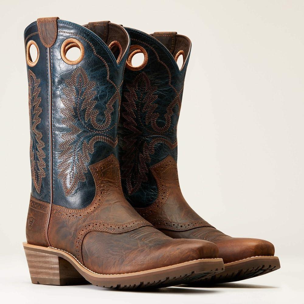 imageAriat Mens Hybrid Roughstock Square Toe Western BootFiery Brown CrunchWestern Blue