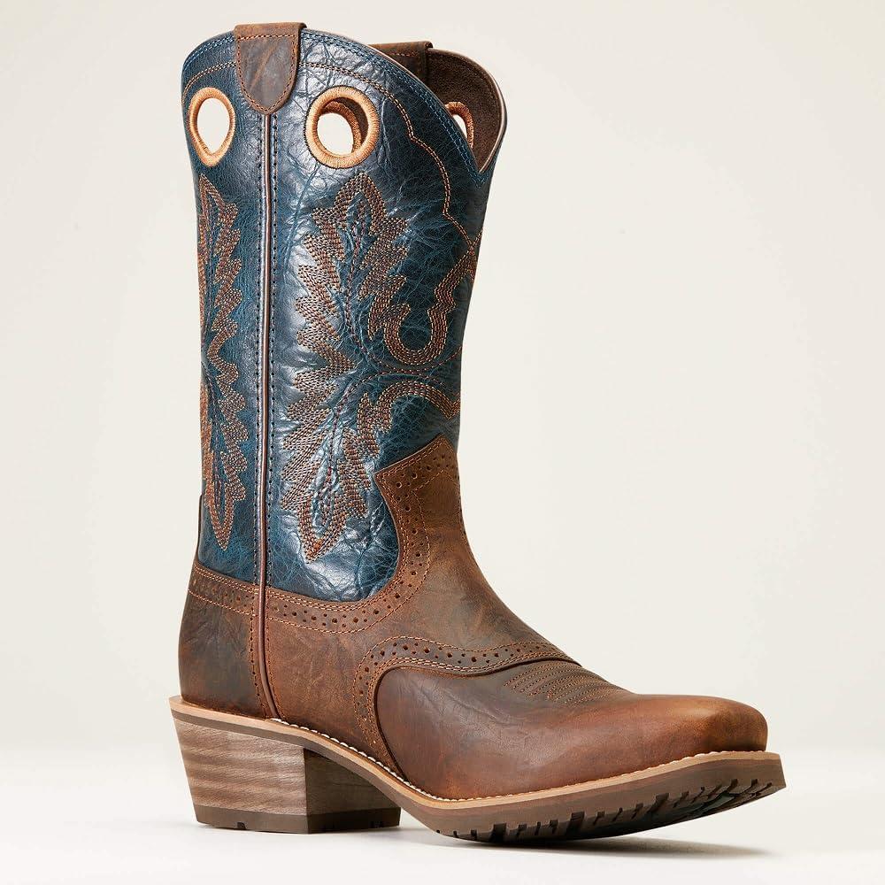 imageAriat Mens Hybrid Roughstock Square Toe Western BootFiery Brown CrunchWestern Blue