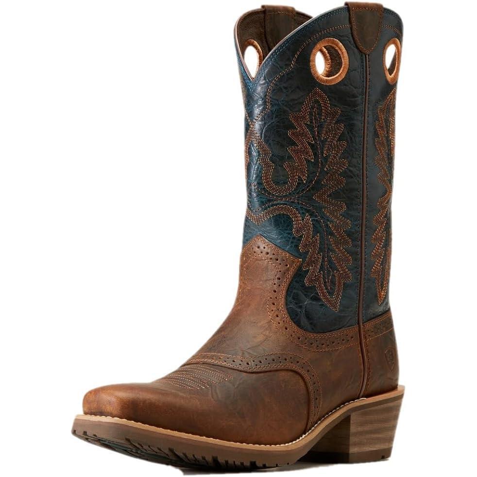 imageAriat Mens Hybrid Roughstock Square Toe Western BootFiery Brown CrunchWestern Blue