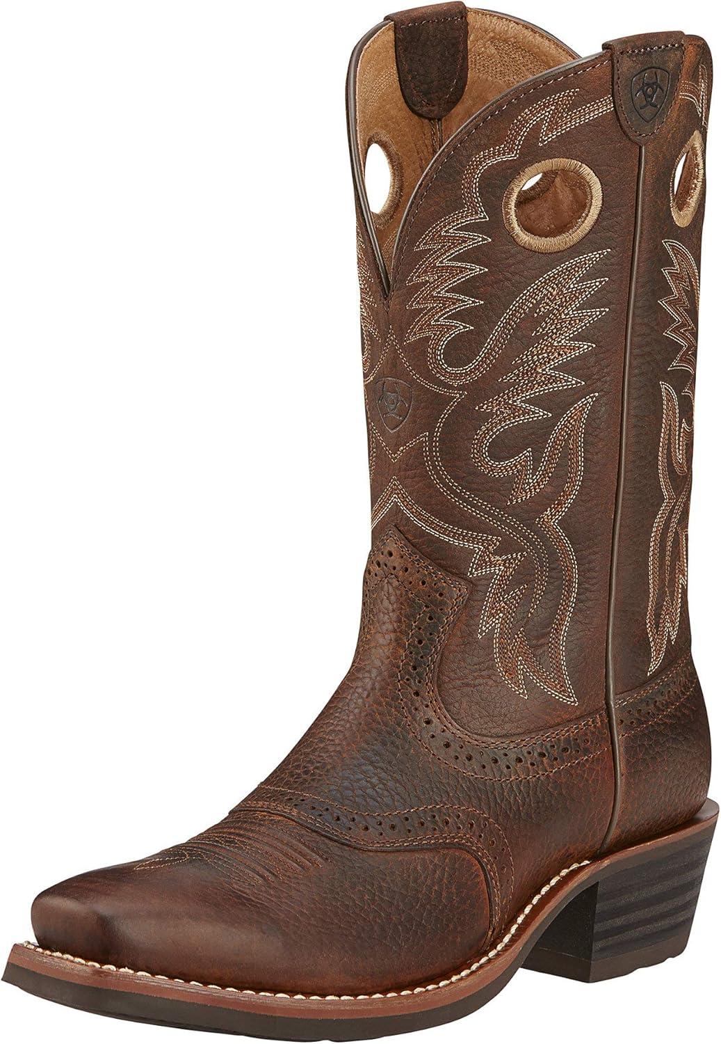 imageAriat Heritage Roughstock Western Boot Mens Square Toe Leather Work BootBar Top BrownShiny Black