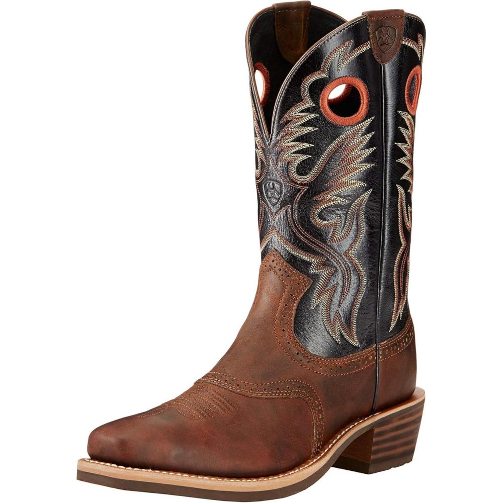 imageAriat Heritage Roughstock Western Boot  Mens Square Toe Leather Work BootBar Top BrownShiny Black