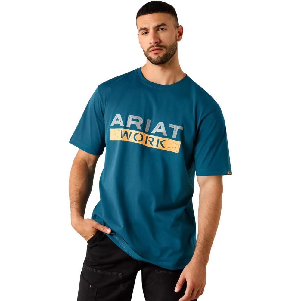 imageARIAT Mens Rebar Cotton Strong Logo Short Sleeve TShirtLegion Blue