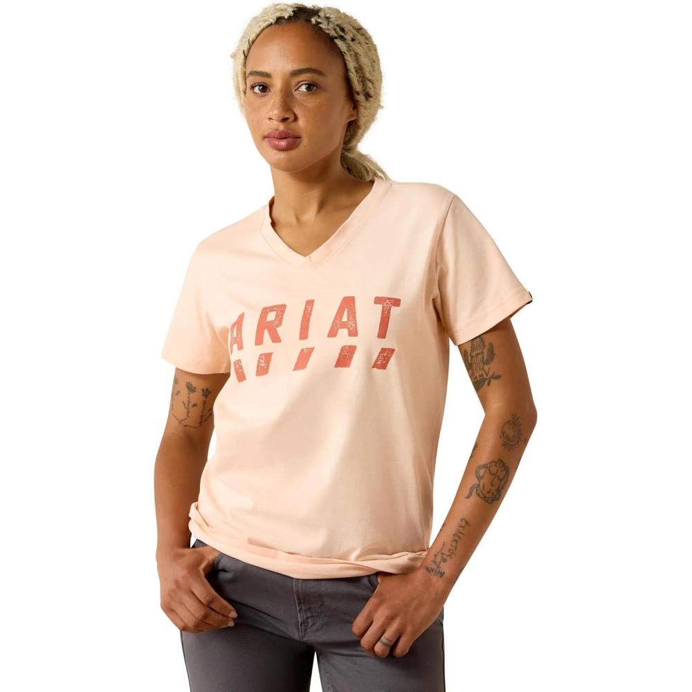 imageARIAT Womens Rebar Cotton Strong Logo TShirtTropical Peach