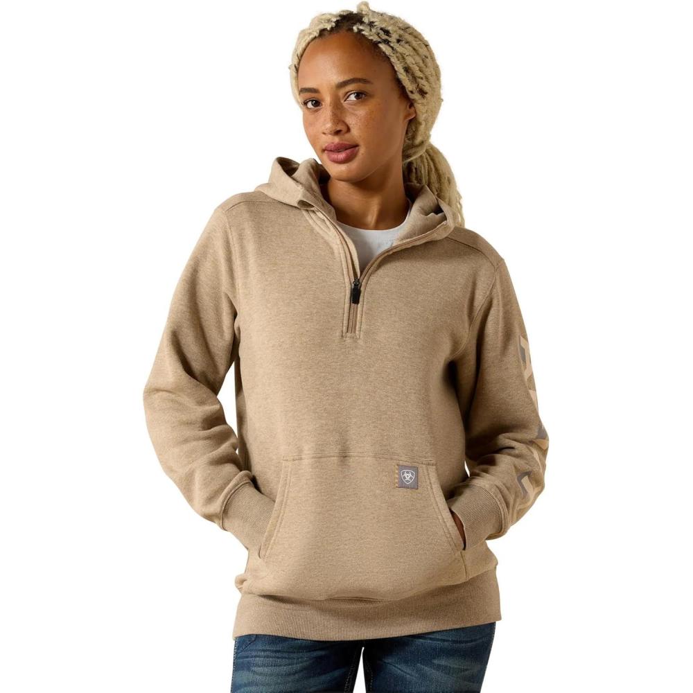 imageARIAT Womens Rebar Lightweight Logo 12 Zip HoodieOatmeal HeatherWhisper Pink