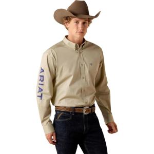 ARIAT Men’s Team Logo Lightweight Twill Classic Fit Shirt(Khaki/Navy)