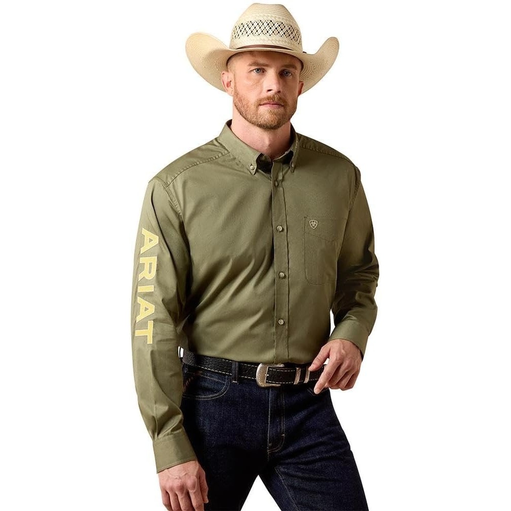 image:imageARIAT Mens Team Logo Lightweight Twill Classic Fit ShirtDeep Lichen GreenAmber