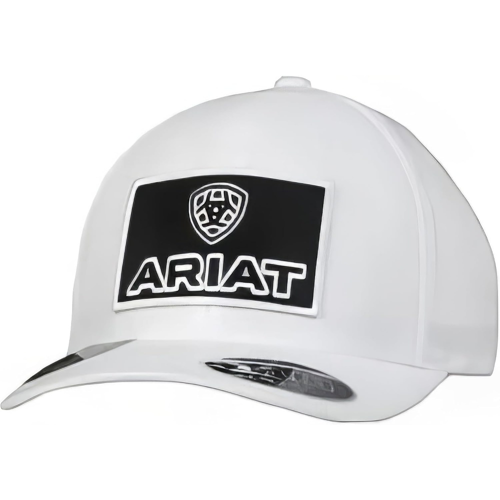 image:imageARIAT Mens Flexfit 110 Performance Cap White with Black Logo Patch WaterRepellent QuickDry Adjustable DRing Hook and Loop Closure