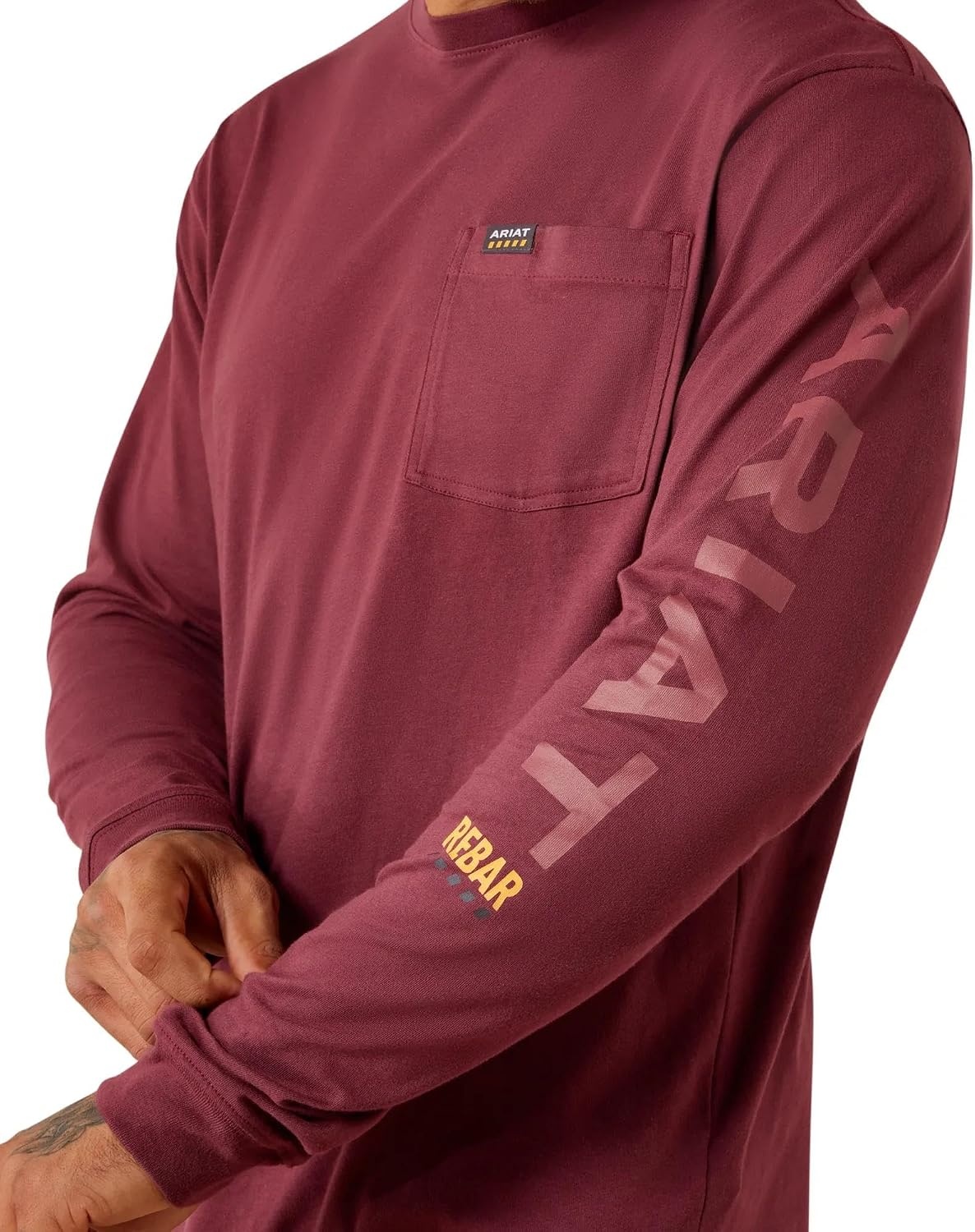 image:imageARIAT Rebar Cotton Strong Standard Logo Pocket Long Sleeve TShirtBurgundyBrick Red