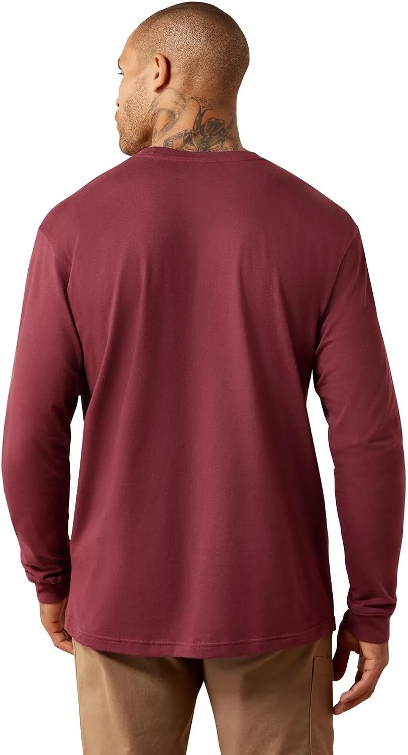 image:imageARIAT Rebar Cotton Strong Standard Logo Pocket Long Sleeve TShirtBurgundyBrick Red