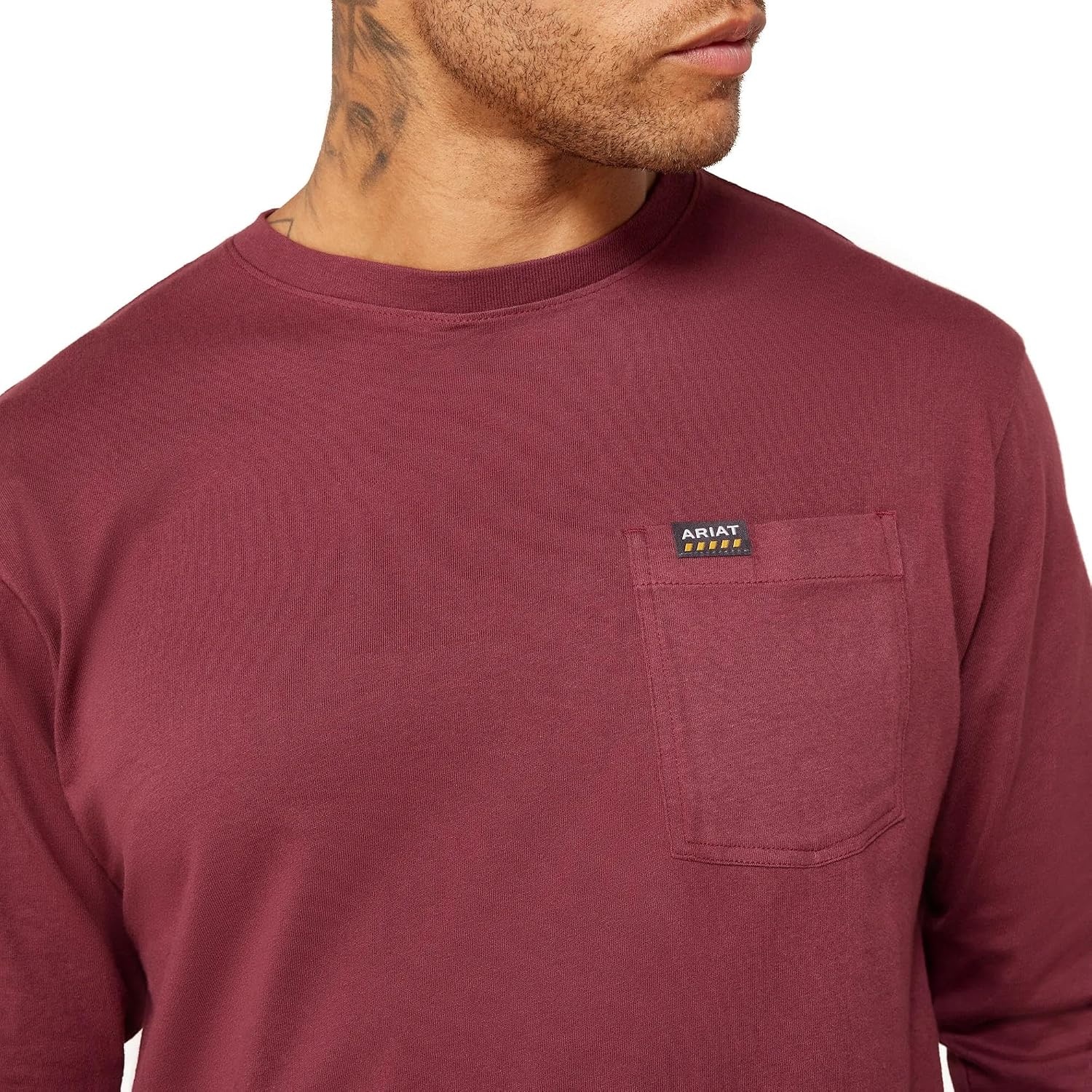 image:imageARIAT Rebar Cotton Strong Standard Logo Pocket Long Sleeve TShirtBurgundyBrick Red