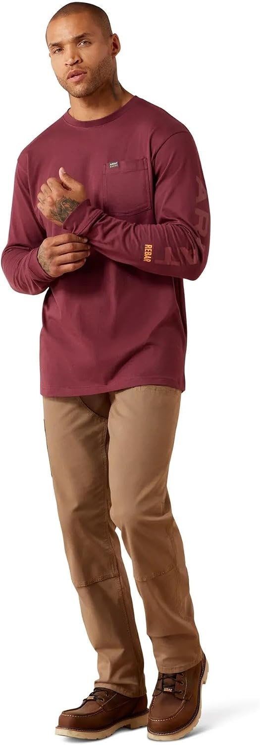image:imageARIAT Rebar Cotton Strong Standard Logo Pocket Long Sleeve TShirtBurgundyBrick Red