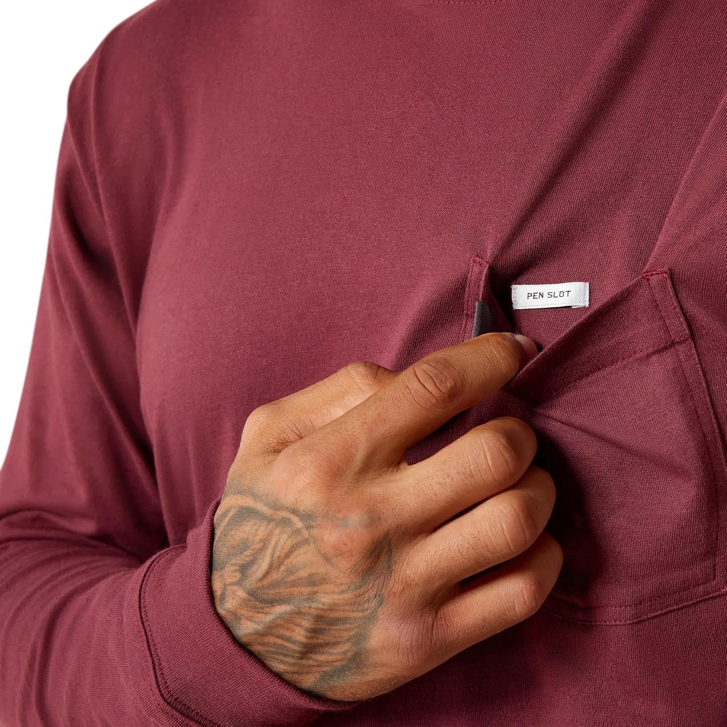 image:imageARIAT Rebar Cotton Strong Standard Logo Pocket Long Sleeve TShirtBurgundyBrick Red