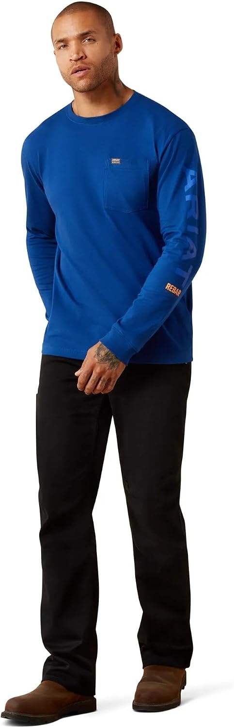 image:imageARIAT Rebar Cotton Strong Standard Logo Pocket Long Sleeve TShirtNavy PeonyNautical Blue