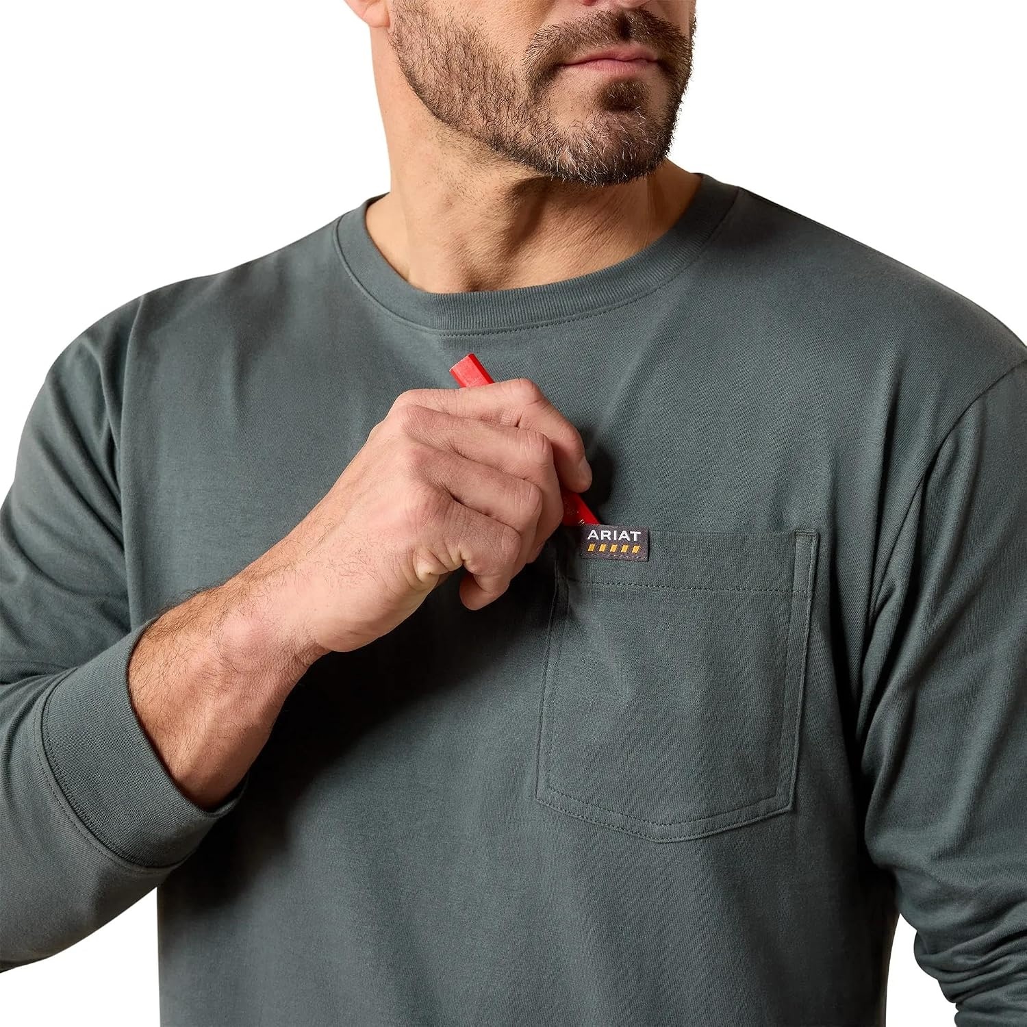 image:imageARIAT Rebar Cotton Strong Standard Logo Pocket Long Sleeve TShirtSteel Green