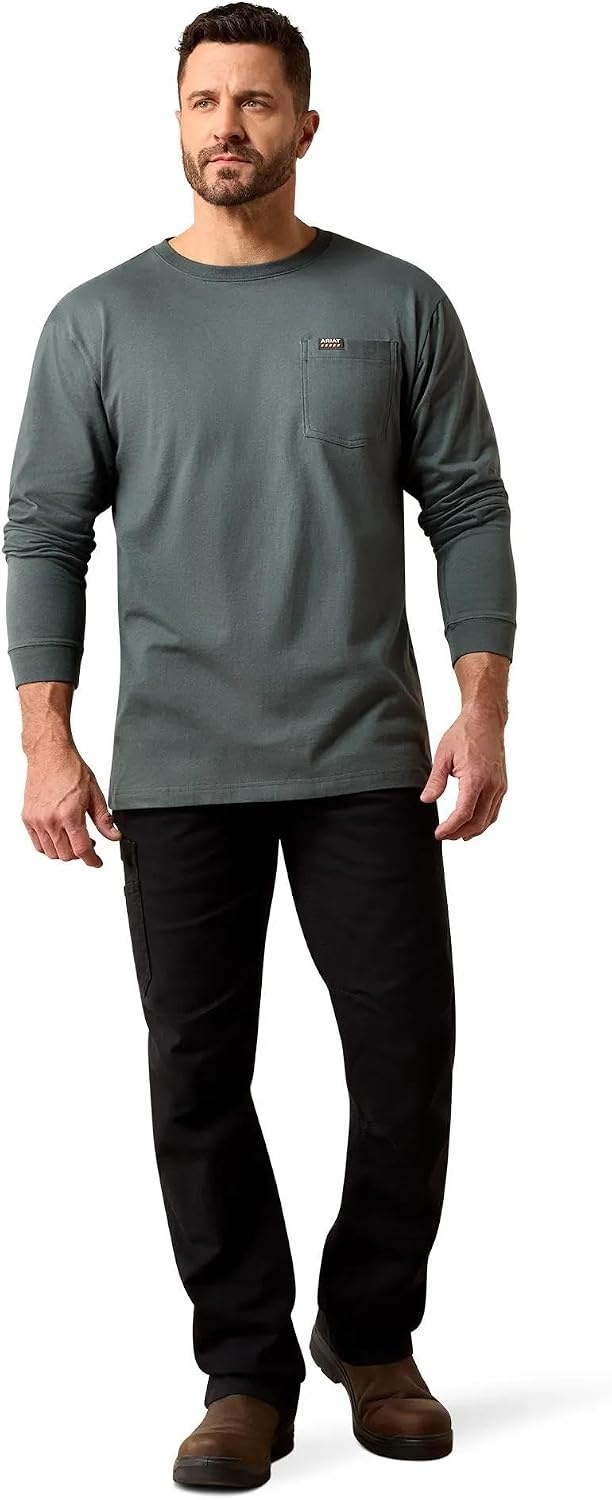 image:imageARIAT Rebar Cotton Strong Standard Logo Pocket Long Sleeve TShirtSteel Green