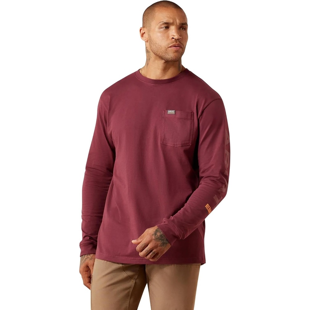 image:imageARIAT Rebar Cotton Strong Standard Logo Pocket Long Sleeve TShirtBurgundyBrick Red
