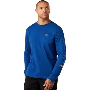 ARIAT Rebar Cotton Strong Standard Logo Pocket Long Sleeve T-Shirt(Navy Peony/Nautical Blue)
